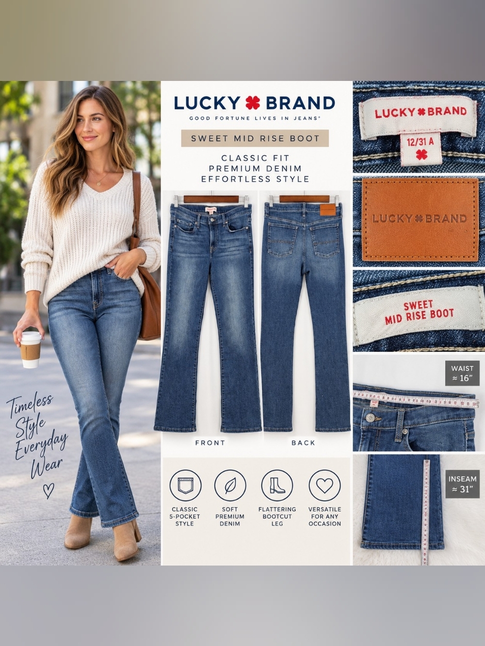 Lucky Brand Sweet Mid Rise Boot Jeans 12 31A Blue Bootcut Stretch Denim